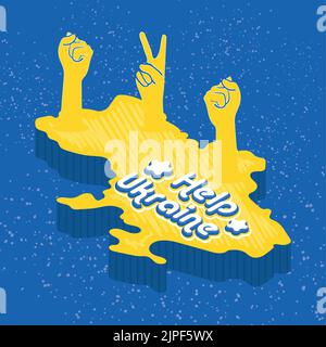 Mappa isolata dell'ucraina con diversi simboli mano alzata aiutare Ucraina Vector Illustrazione Vettoriale