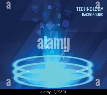 Portale futuristico o magico con effetto glow. Ologramma digitale circolare, presentazione con tecnologia a icone luminose Illustrazione Vettoriale