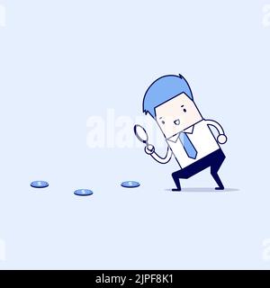 Uomo d'affari che tiene una lente d'ingrandimento segue le monete del dollaro. Vettore stile linea sottile carattere cartone animato. Illustrazione Vettoriale