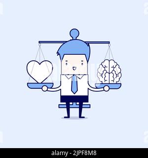 Uomo d'affari con cuore e cervello in bilancia. Vettore stile linea sottile carattere cartone animato. Illustrazione Vettoriale