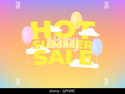 Modello di banner di vendita estiva alla moda. Campagna di vendita festive di nuvole e palloncini. Illustrazione Vettoriale