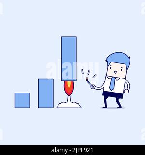 Un uomo d'affari fuoco razzo per vendere. Vettore stile linea sottile carattere cartone animato. Illustrazione Vettoriale