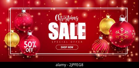 Vendita di Natale vettore banner design. Promozione speciale offerta di Natale con elemento stagionale di palle per lo shopping natalizio. Illustrazione Vettoriale