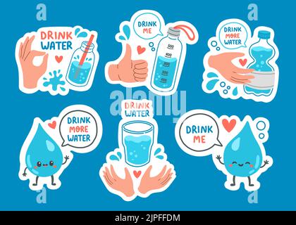 Bere più acqua adesivo set piatto vettore design Illustrazione Vettoriale