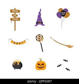 Elementi di Halloween. Icone disegnate a mano per festeggiare una notte spaventosa. Buone feste. Illustrazione vettoriale in stile cartoon piatto Illustrazione Vettoriale