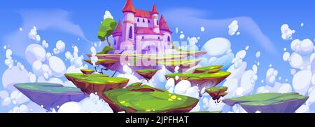 Il castello magico rosa sull'isola galleggiante nel cielo blu con le nubi fluffy. Paesaggio estivo fantasy con palazzo reale e pezzi da terra volanti con erba verde in cielo, Cartoon vettore illustrazione Illustrazione Vettoriale