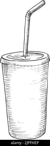 Soda di Cola, tazza di Milkshake con coperchio e schizzo isolato di paglia. Schizzo. Vettore soda o cola, milkshake Illustrazione Vettoriale