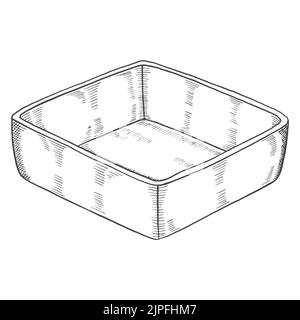 Utensili da cucina con recipiente quadrato barbatella isolata disegno disegnato a mano con disegno vettoriale di stile di contorno Foto Stock