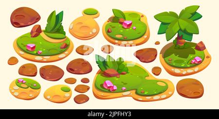 Elementi di gioco per la progettazione dell'interfaccia utente della mappa di livello, isole con cristalli, palme, erba verde e rocce. Luoghi naturali di Cartoon 2D, piattaforme di paesaggio fantasy, grafica ambientale per pc o arcade mobile Illustrazione Vettoriale