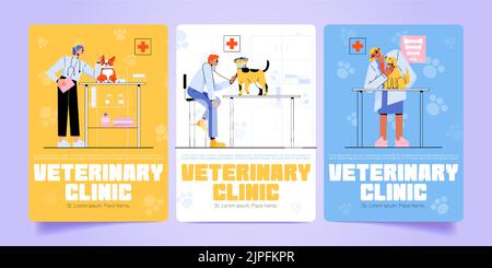 I banner clinici veterinari sono illustrati in piano. Disegno vettoriale di medici maschi e femmine che esaminano, ascoltando con stetoscopio cani malati in ospedale veterinario. Trattamento delle malattie animali. Servizi di salute degli animali domestici Illustrazione Vettoriale
