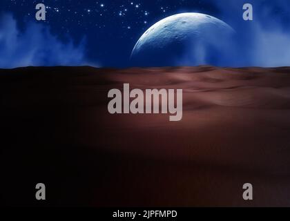 Scena notturna con luna e cielo stellato sul paesaggio del deserto, 3D Illustrazione. Foto Stock