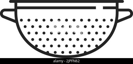 Icona della linea sottile del vettore colander. Utensili da cucina, succhieruola per cibo Illustrazione Vettoriale