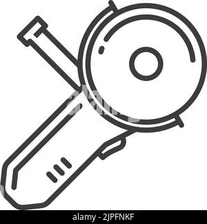 Smerigliatrice angolare sezionatrice isolata icona contorno. Smerigliatrice laterale o a disco Vector, utensile elettrico portatile utilizzato per smerigliare tagli abrasivi e lucidare. Strumento da lavoro lineare con disco abrasivo, line art diy Illustrazione Vettoriale