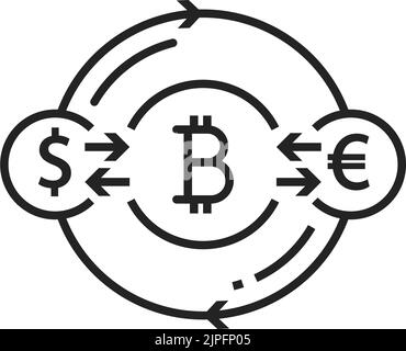 Principali valute del mondo segno di cambio isolato dollaro, euro e bitcoin circolazione con frecce contorno icona. Finanziamenti e banche di investimenti vettoriali, trasferimenti di pagamenti, operazioni, utili e proventi Illustrazione Vettoriale