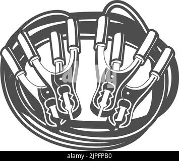 Icona monocromatica isolata del cavo di alimentazione della batteria per auto. Filo di alimentazione per veicoli vettoriali, pinze o pinze per capicorda. Avviare il cavo dell'automobile, il morsetto della batteria all'accendisigari, i morsetti a coccodrillo Illustrazione Vettoriale