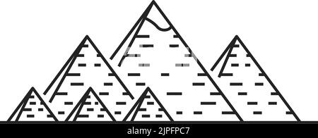 Piramidi faraone egiziane complesso isolato contorno icona vettoriale. Antico simbolo monocromatico egiziano. Attrazioni turistiche storiche famose nel deserto africano, altopiano di Giza Illustrazione Vettoriale