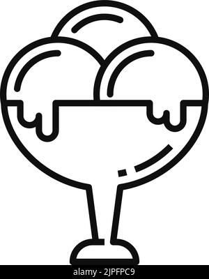 Palle di gelato fatte in casa in ciotola contorno dessert isolato icona. Contenitore in vetro vettoriale con icecream, dolce estivo. Gelato italiano fatto in casa surgelato yogurt surgelato, linea arte segno Illustrazione Vettoriale