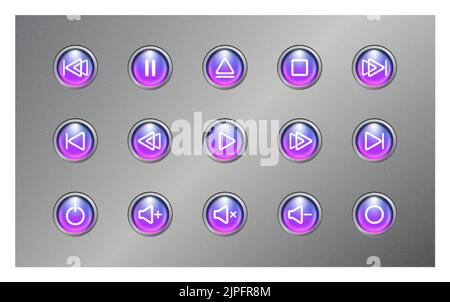 Media player pulsante icona controllo Set 3D realistico moderno blu e viola con sfondo argento Illustrazione Vettoriale