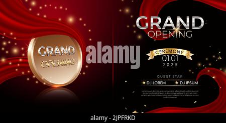 Grande cerimonia di apertura Banner con seta rossa, cordoncini, taglio nastro e oro luccichio Illustrazione Vettoriale