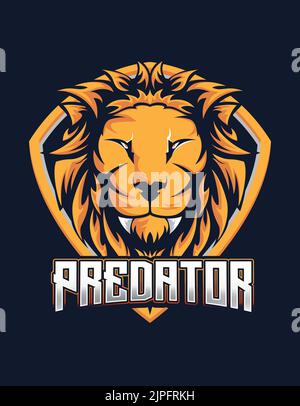 Lion mascotte con scudo per e-sport gioco logo disegno vettoriale Illustrazione Vettoriale