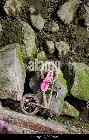 Ripresa verticale di una bicicletta per bambini sdraiata sul fondo del fiume esposta durante la bassa marea. Vecchia bicicletta scartata. Rifiuti urbani. Vista dall'alto. Foto Stock