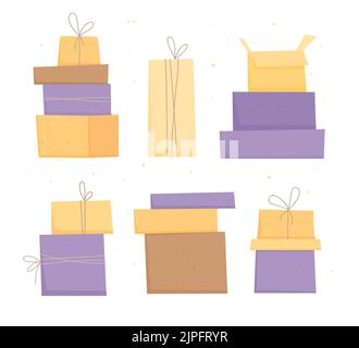 Le icone della casella pacchi impostano il vettore dei cartoni animati. Consegna in scatola Illustrazione Vettoriale