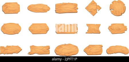 Vecchio set di legno ovest. Cartelli in legno o tavole in legno per striscioni o messaggi appesi su corde.isolato vettore clip arte con cartello rustico Illustrazione Vettoriale