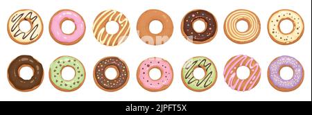 Donut torta icone set cartone animato vettore. Dolce al cioccolato Illustrazione Vettoriale