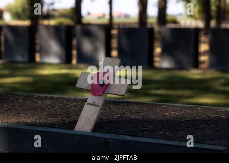 LANGEMARK, BELGIO - 10 AGOSTO 2022: Piccola croce commemorativa di papavero di legno posta accanto alla tomba di massa nel cimitero tedesco Foto Stock