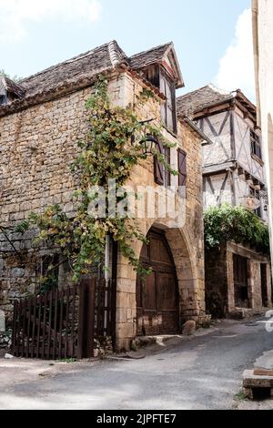 Un colpo verticale di una vecchia casa francese in mattoni con una pianta strisciante e finestre ad arco Foto Stock