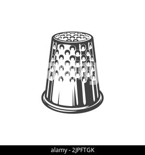 Cappuccio in metallo o plastica con icona monocromatica isolata con estremità chiusa. Utensile di sartoria Vector indossato per proteggere il dito e spingere l'ago nella cucitura. Attrezzatura artigianale ad ago, ditale in argento metallizzato Illustrazione Vettoriale