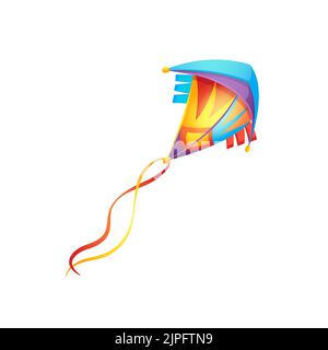 Icona vettore isolato kite cartone animato. Felice Makar Sankranty vacanza simbolo. Giocattolo colorato per bambini a forma di rombo con nastri luminosi sulla coda isolati su sfondo bianco Illustrazione Vettoriale