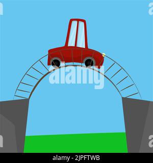 Carino cartoon auto rossa sul ponte sopra il prato verde. Illustrazione per bambini. Illustrazione Vettoriale