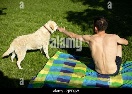 Il ragazzo gioca con il cane sulla spiaggia. Riposa nel parco con gli animali domestici. L'uomo si bagna di sole in estate. La schiena dell'uomo. Foto Stock