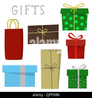 Set di confezioni regalo per la stampa come adesivi, composizione per illustrazione o motivo. Illustrazione Vettoriale