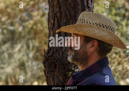 primo piano di un uomo con barba e cappello in profilo nella foresta con un albero sullo sfondo Foto Stock