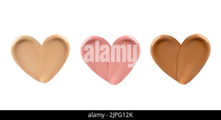 Sfumature di macchie di fondo liquide isolate su sfondo bianco. Fondazioni liquide a forma di cuore per il tuo progetto. Foto Stock