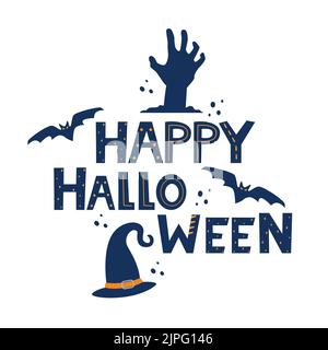 Scritta Happy Halloween con elementi tradizionali di design halloween, mano, pipistrello, cappello strega. Calligrafia per banner, poster, bigliettino, par Illustrazione Vettoriale