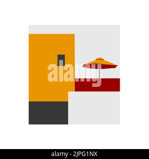 Pareti di cartoni animati ben disegnate e un ombrellone nella terrazza sul tetto Illustrazione Vettoriale