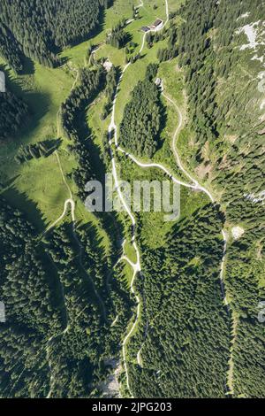 vista dall'alto dell'alpe musauer, con prati verdeggianti, boschi e sentieri escursionistici tortuosi nella splendida tirolo Foto Stock