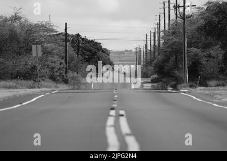 Un'immagine in scala di grigi di una strada vuota a Oahu, Hawaii. Foto Stock