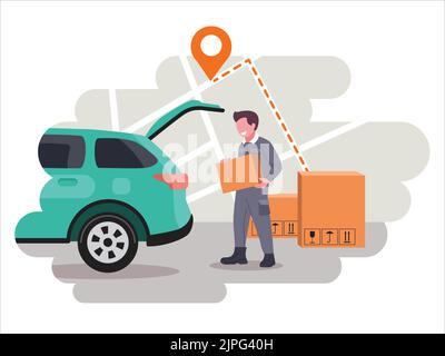 Servizio di consegna online a casa e in ufficio. Passaggio ad un nuovo concetto di appartamento. Addetto alla consegna con pacchi. Consegna rapida della posta. Illustrazione vettoriale Illustrazione Vettoriale