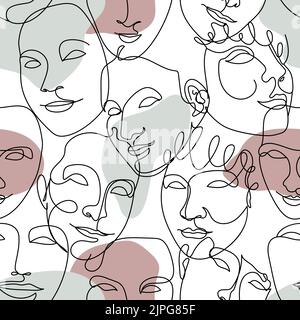 Motivo senza giunture con disegni neri a linea singola di facce femminili e forme astratte Illustrazione Vettoriale
