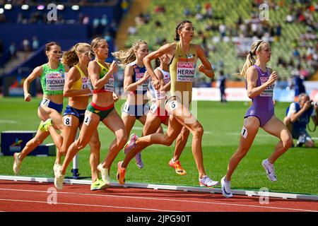 Monaco, Germania. 18th ago, 2022. MUNCHEN, GERMANIA - AGOSTO 18: Jerneja Smonkar di Slovenia, Lovisa Lindh di Svezia, Gabija Galvydyte di Lituania, Hedda Hynne di Norvegia, Anna Wielgosz di Polonia, Christina Hering della Germania e Jemma Reekie della Gran Bretagna in gara per la 800m femminile ai Campionati europei di Monaco 2022 all'Olympiastadion il 18 agosto 2022 a Monaco (Photo by Andy Astfalck/BSR Agency) Credit: Orange Pics BV/Alamy Live News Foto Stock