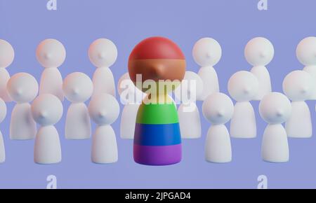 illustrazione 3d. Una persona con i colori della comunità LGBT con un gruppo di persone che lo seguono, con sfondo viola. rendering 3d Foto Stock