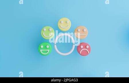 Set di emoticon con umore triste e felice. Valutazione del cliente e concetto di esperienza. Soddisfazione e migliore eccellente concetto di valutazione dei servizi. 3 Foto Stock