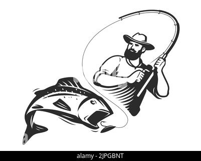 Il pescatore cattura il pesce sulla canna che gira. Logo o simbolo di pesca. Ricreazione all'aperto vettore illustrazione isolato Illustrazione Vettoriale