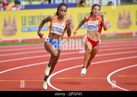 Monaco, Germania. 18th ago, 2022. MUNCHEN, GERMANIA - 18 AGOSTO: Jamile Samuel dei Paesi Bassi che gareggia in Women's 200m ai Campionati europei di Monaco di Baviera 2022 all'Olympiastadion il 18 agosto 2022 a Monaco di Baviera, Germania (Foto di Andy Astfalck/BSR Agency) Credit: Orange Pics BV/Alamy Live News Foto Stock