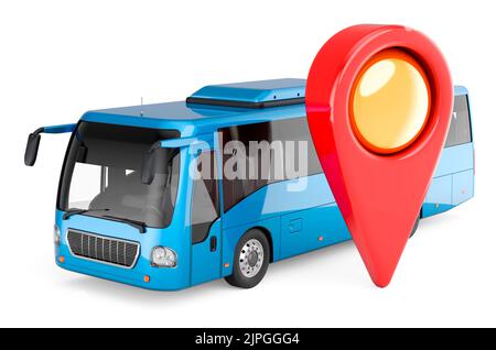 Bus con puntatore mappa, rendering 3D isolato su sfondo bianco Foto Stock