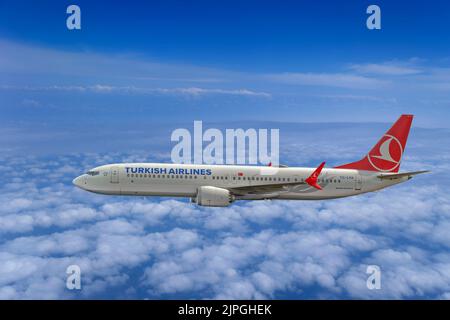 Turkish Airlines Boeing 737 MAX 9 a metà volo. Registrazione aeromobili TC-LYA. Foto Stock